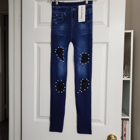 Distressed faux 'jeggings' faux pearl accents black and blue XS SMALL - Picture 2 of 7